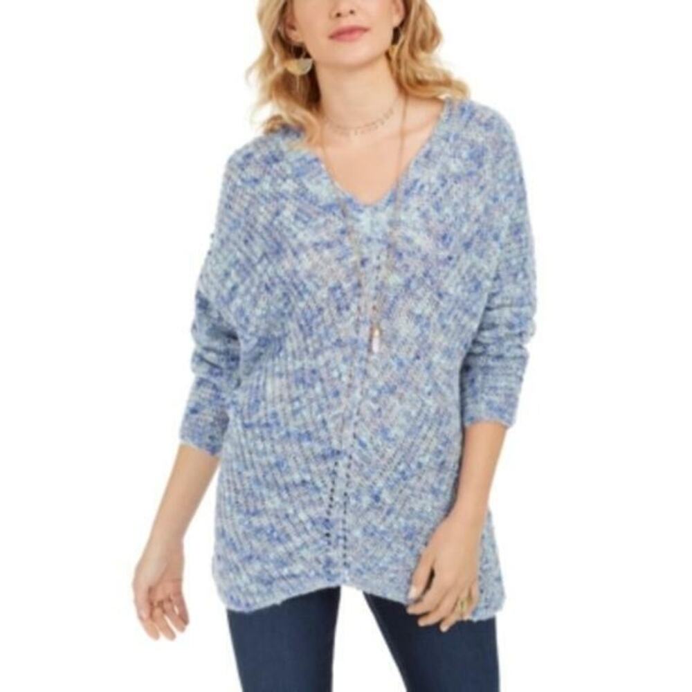 Style & Co Blue Multi Fleck Pointelle Knit V-Neck Sweater Oversized Medium NWT